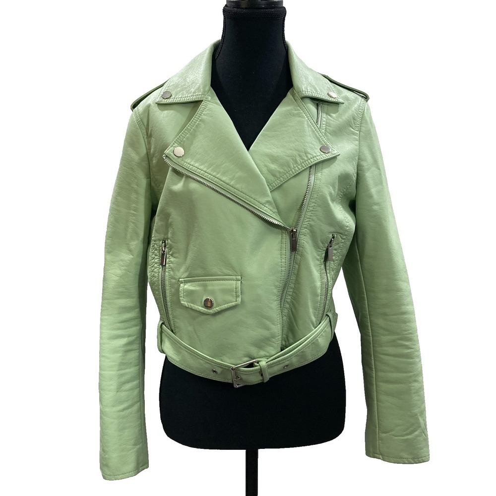 Cleo Petites Mint Green Faux Leather Moto Jacket Cropped Belted Pastel Medium M